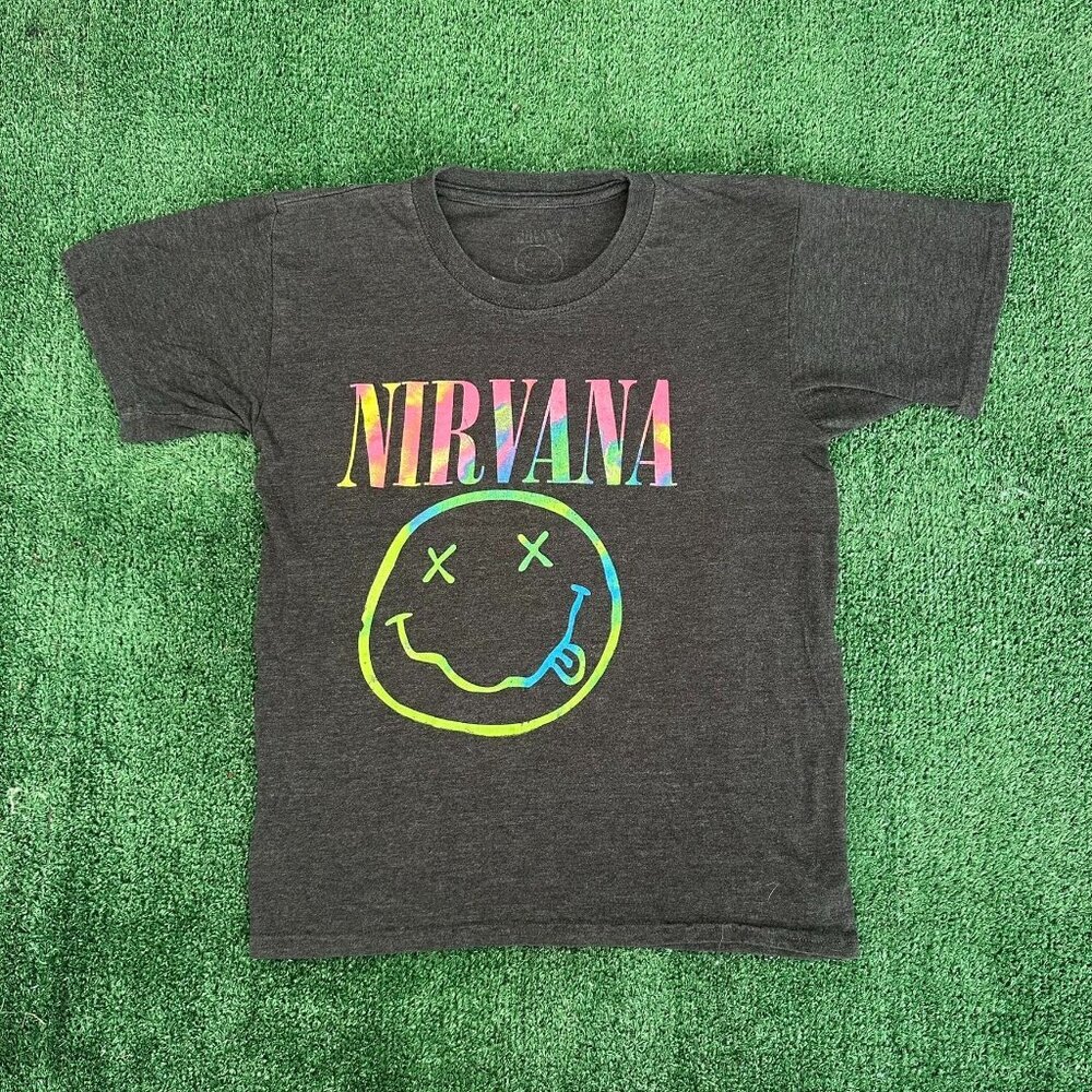 Vintage Y2K Nirvana Smiley Logo T-Shirt Retro Grunge Punk Band Gray Multi XS